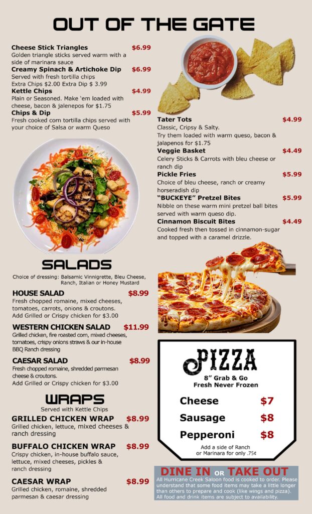 hurricane creek appetizer, salad, wraps, and pizza menu