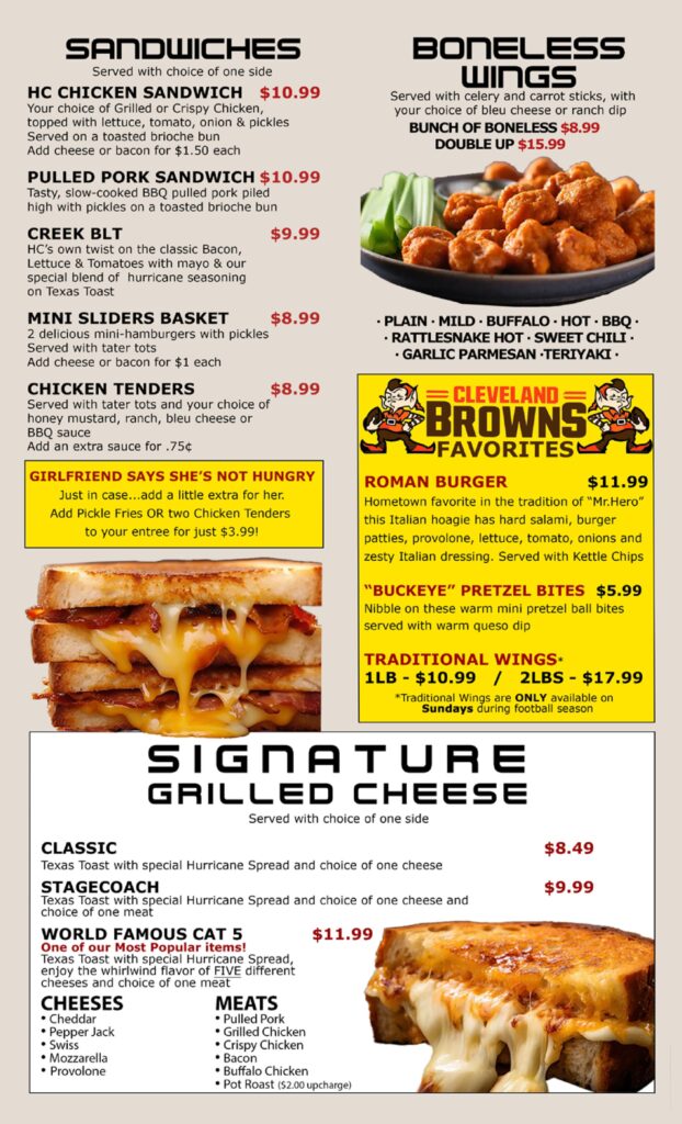 hurricane creek wings, sandwiches, and Cleveland Browns Favorites menu