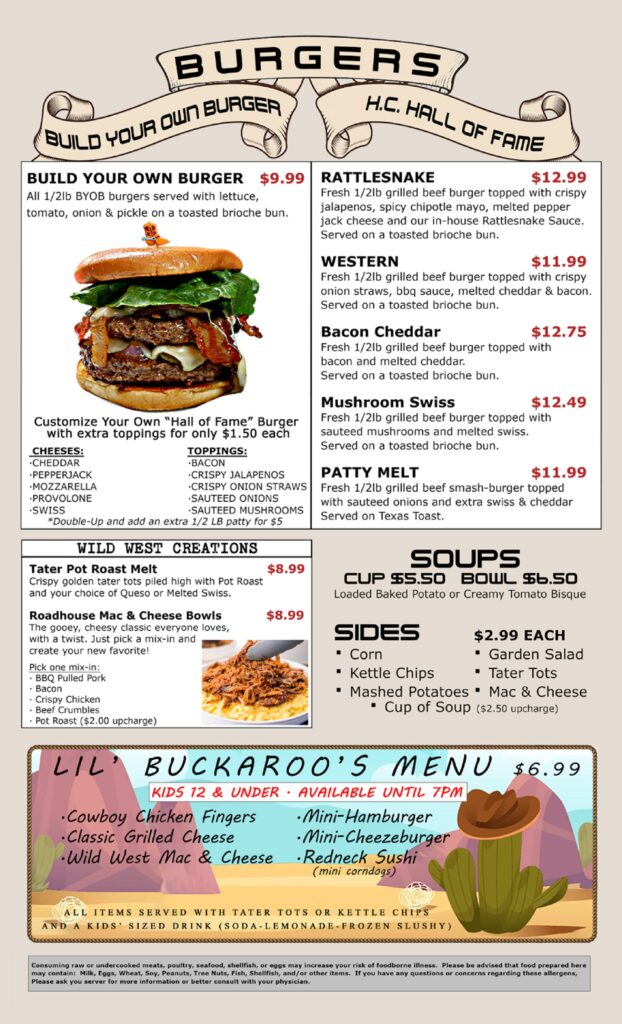 hurricane creek burgers, soups, sides, homecooked meals, and kid's menu