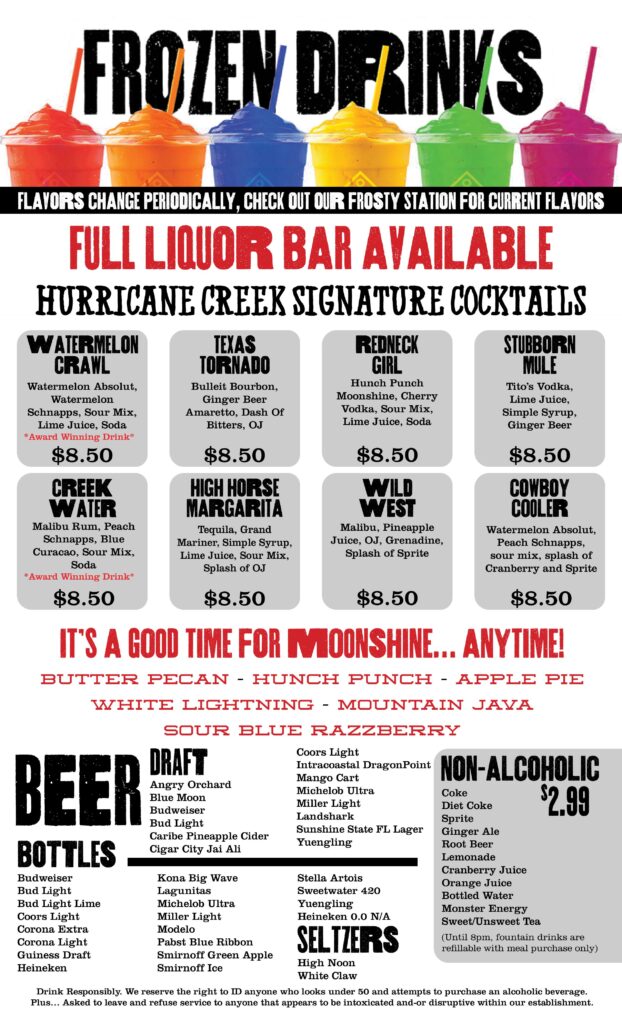 Hurricane Creek drink and cocktail menu