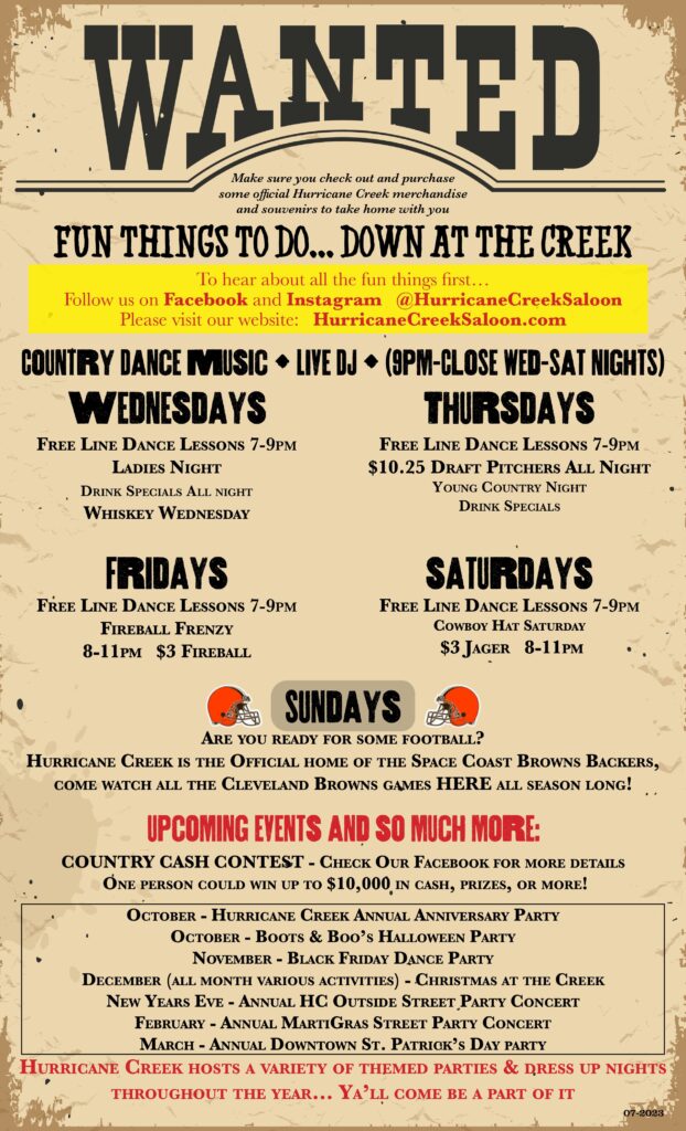 Hurricane Creek weekly specials and events menu